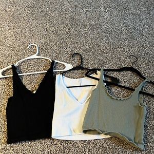3 Size Small crop tank tops. White and Black V-Neck, Green scalloped neckline